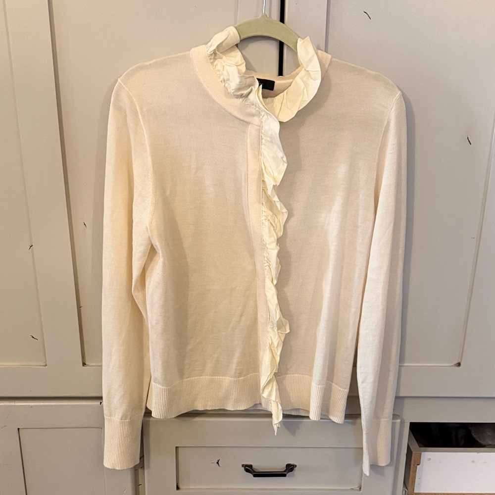 J Crew Merino Wool Cream Ruffle Cardigan, size XL